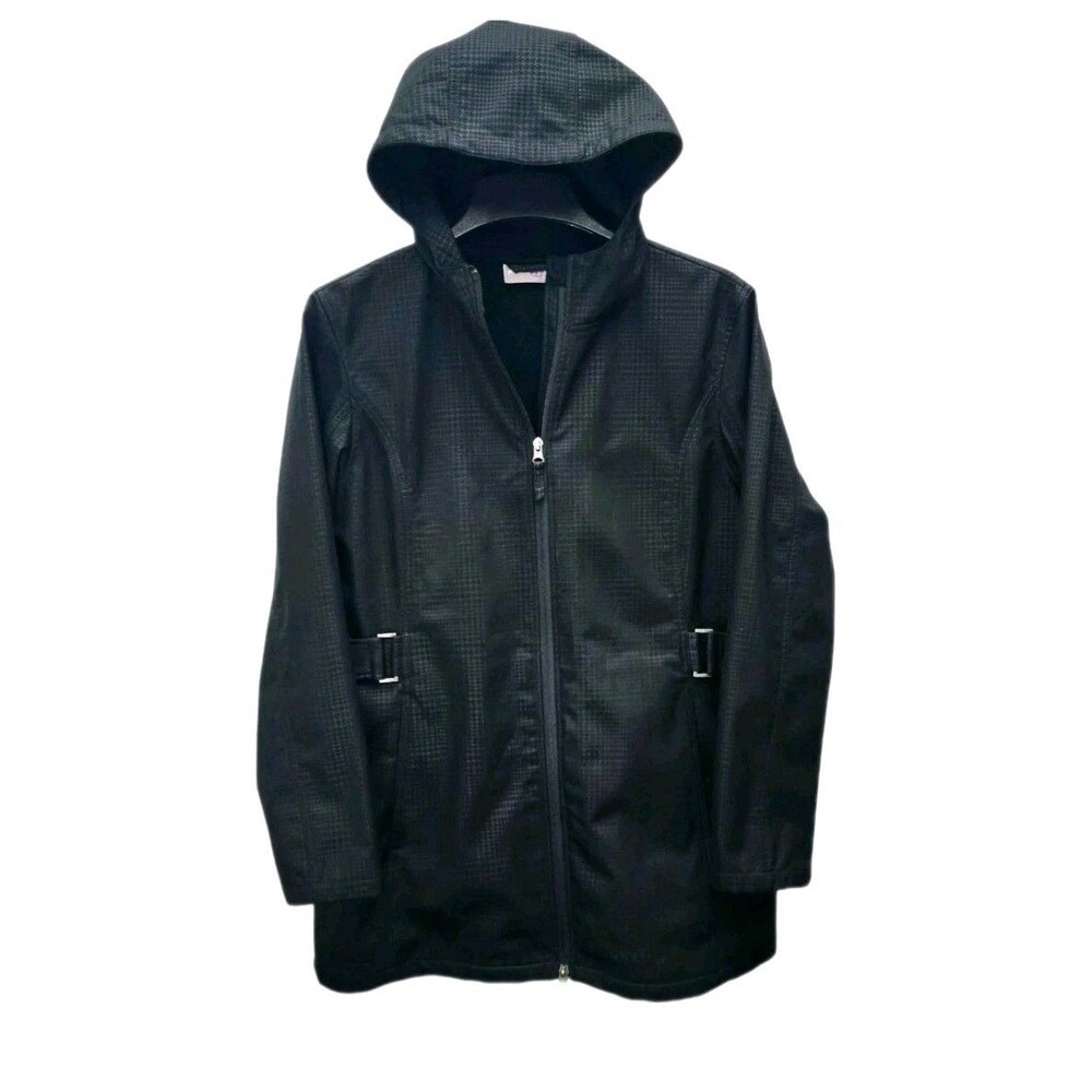 Free Tech Hooded Jacket Womens L 12-14 Black Full Zip Water Resistant Waist Tabs